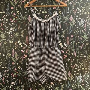 Vintage 70s 80s Navy & White Gingham Romper with Lace Trim